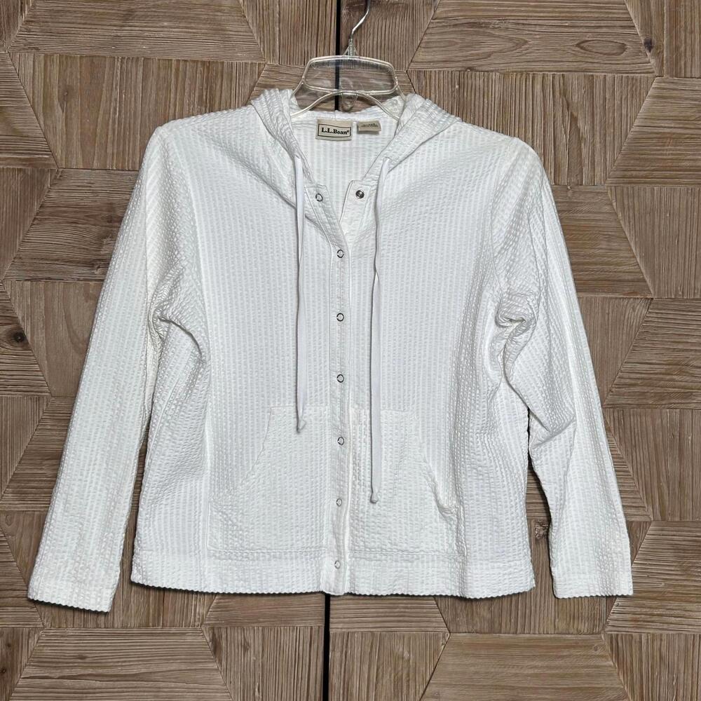 L.L. Bean Womens White Waffle Knit Hoodie Jacket Size XS Button Up Heritage